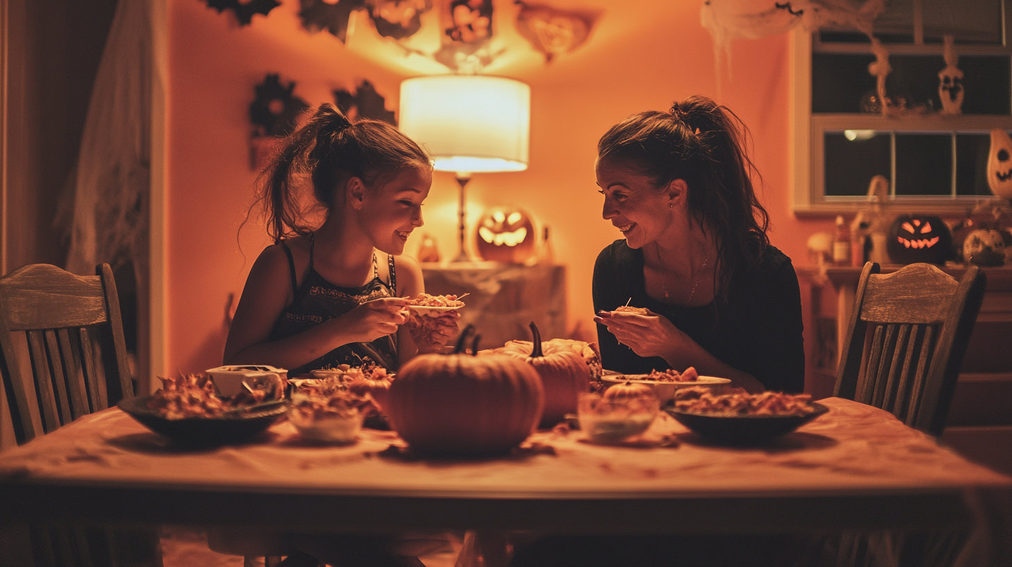 A Mother and Daughter Enjoy Halloween Festivities at Table.