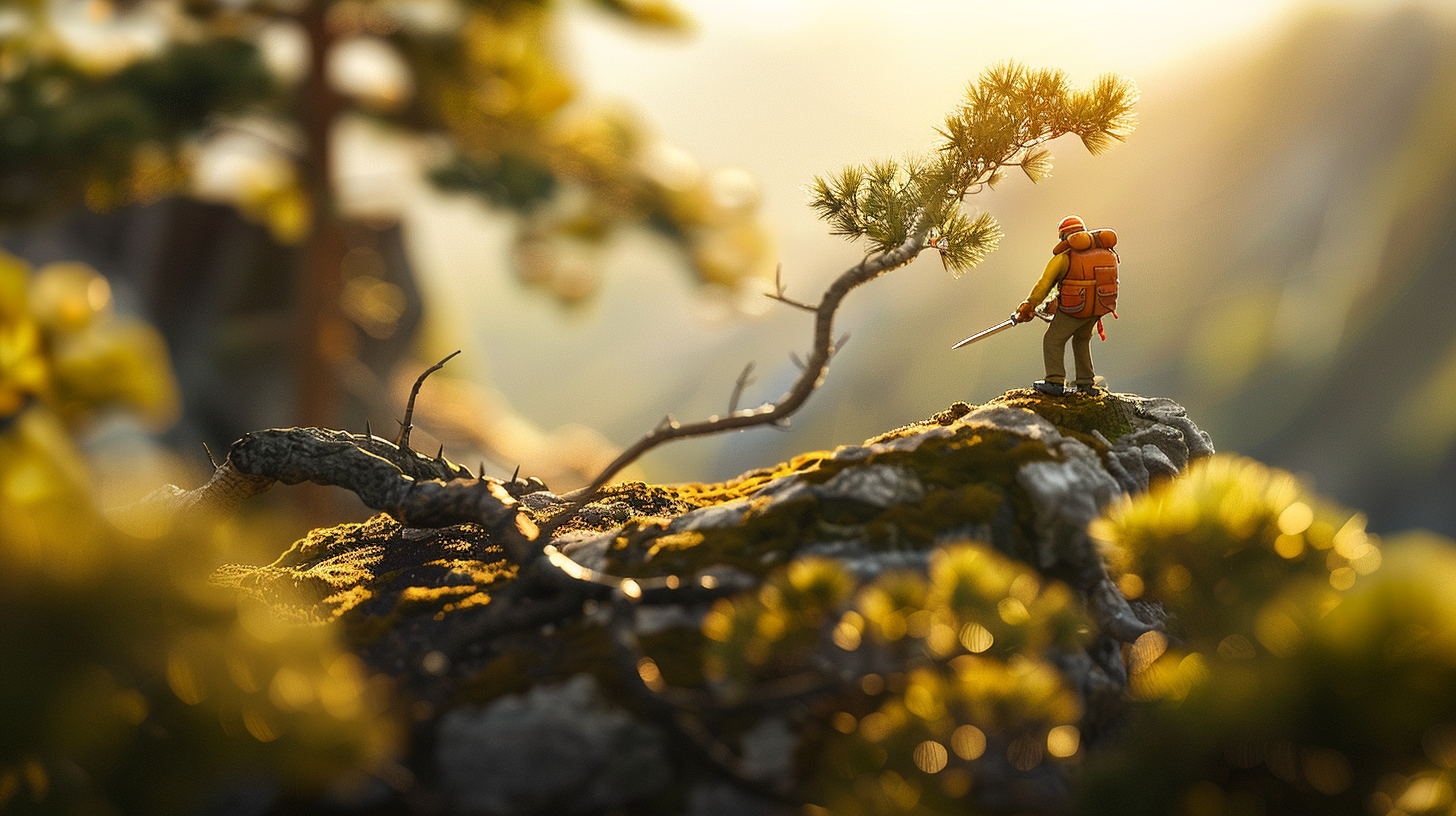 A Mountain Climber Trims Tree Branches in Nature.