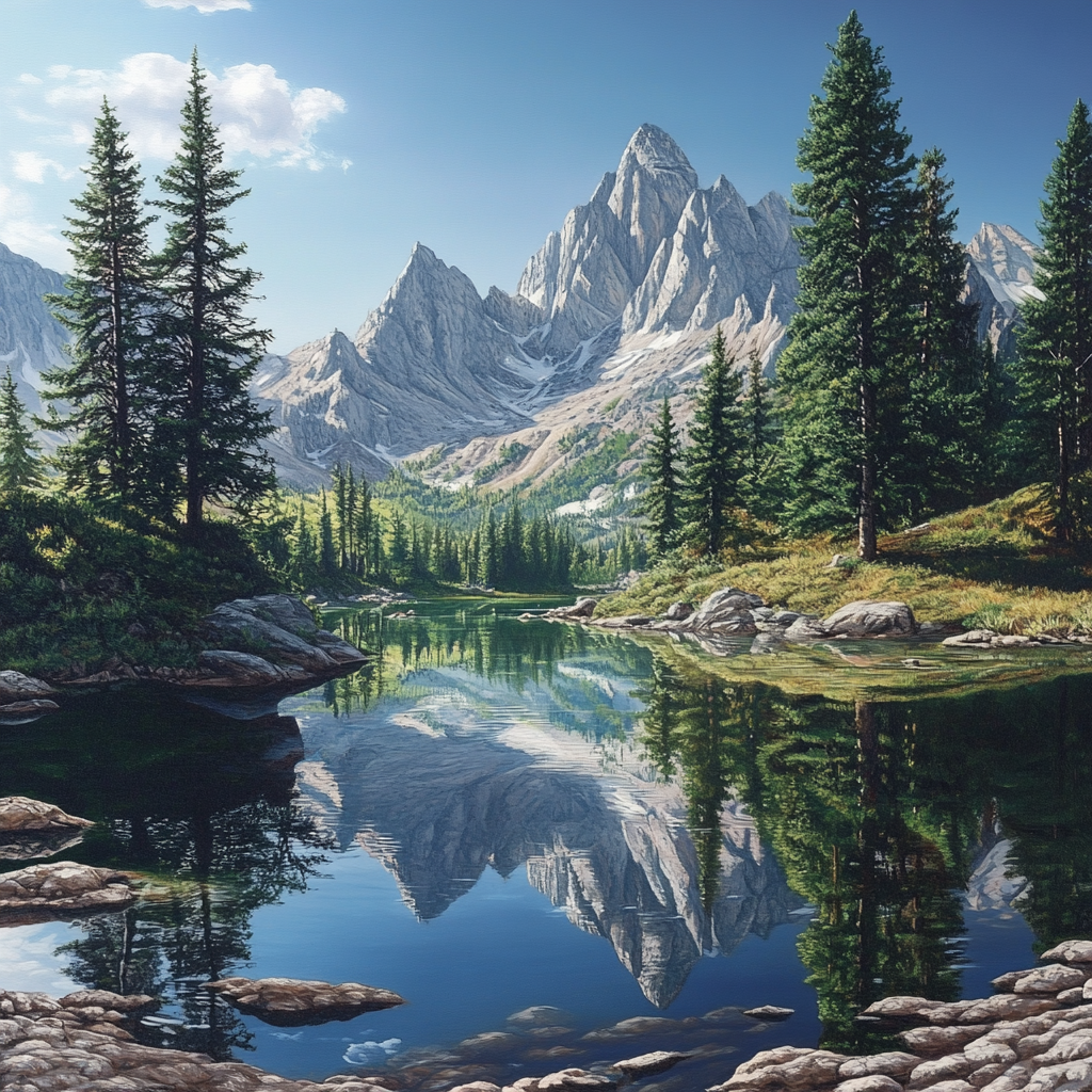 A Mountain Scene with River, Peaks, Pine Trees