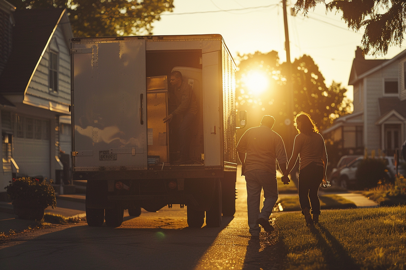 A Moving Worker Supports A Young Couple Loading