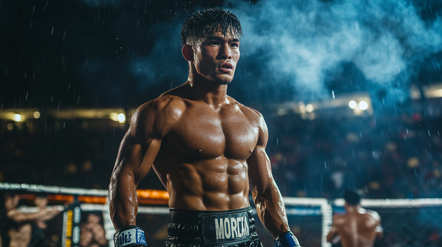 A Muay Thai fighter leaving the ring victorious