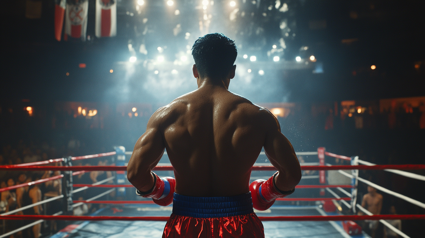 A Muay Thai fighter leaving the ring victoriously