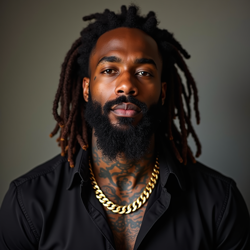 A Muscular Jamaican Man with Dreadlocks and Tattoos