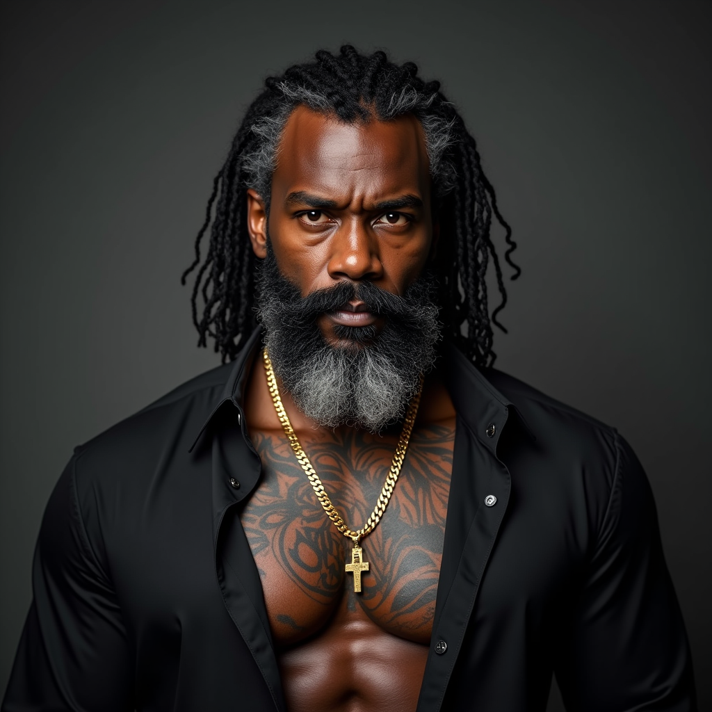 A Muscular Man with Grey Beard and Gold Chain