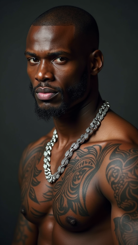 A Muscular Man with Tattoos Wearing Diamond Chain