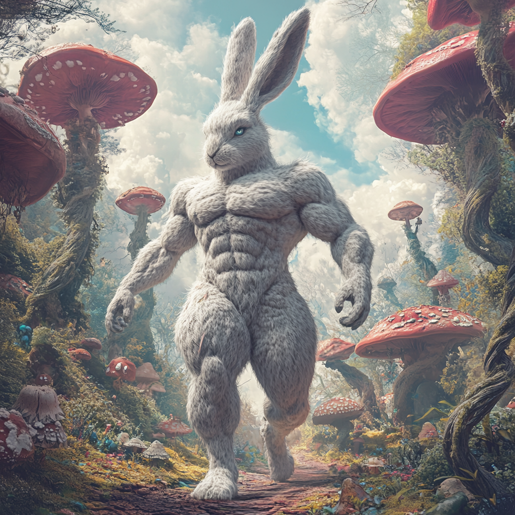 A Muscular White Rabbit in a Magical Wonderland