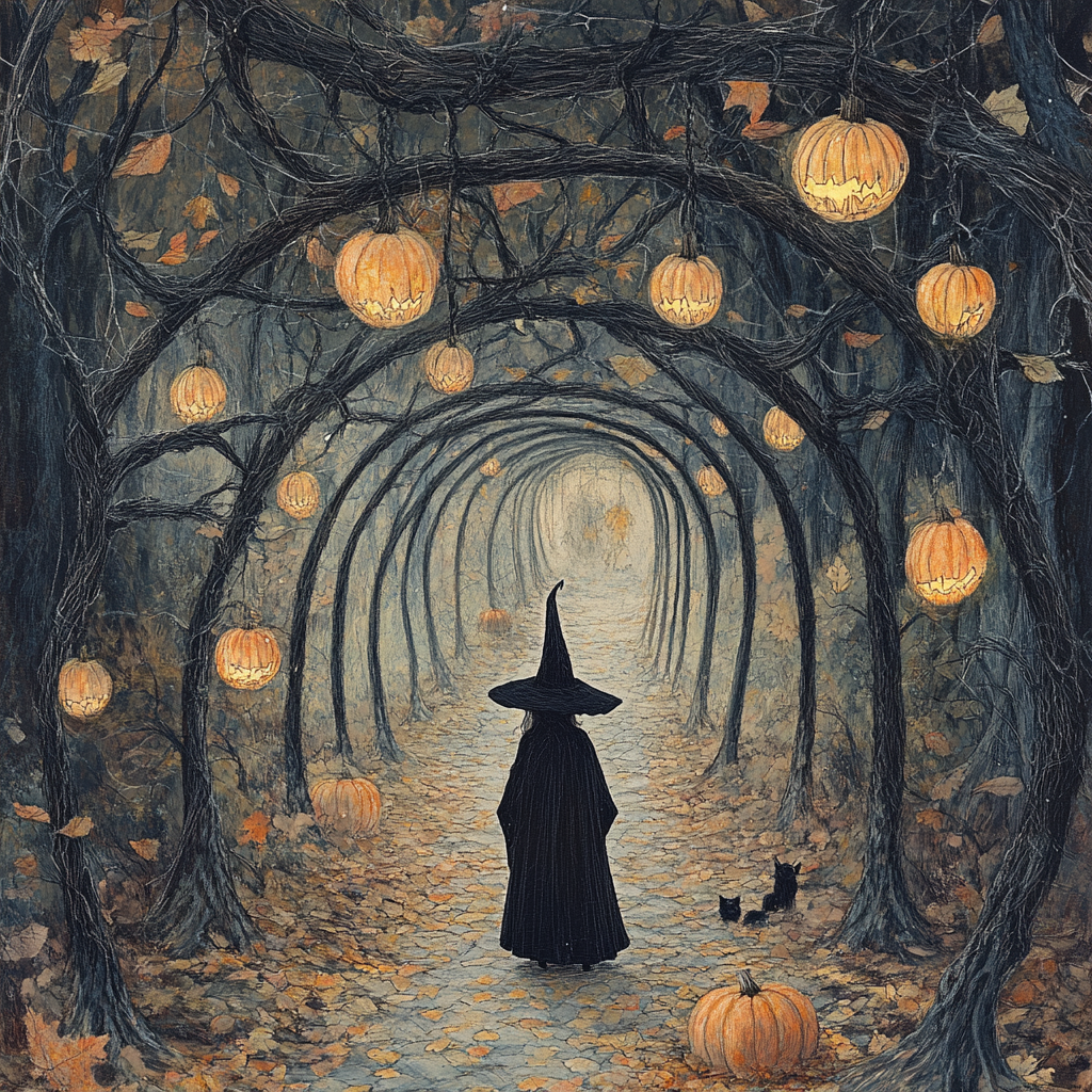 A Mysterious Autumn Pathway: Child in Witch's Robe