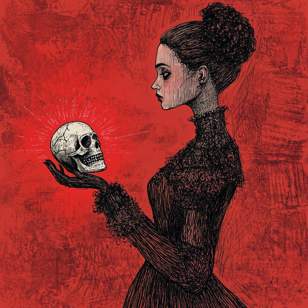 A Mysterious Woman with Skull in Dim Light