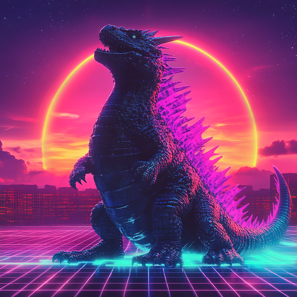 A Neon Synthwave Dragon in 80s Style Sunset