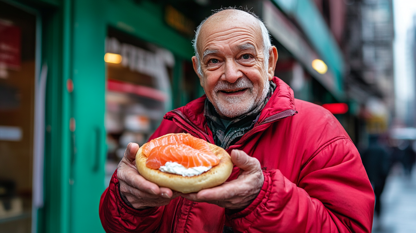 A New Yorker with red clothes holds special sushi bagel.