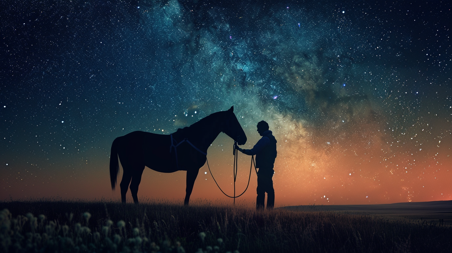 A Nomad Man and Horse in Starry Sky