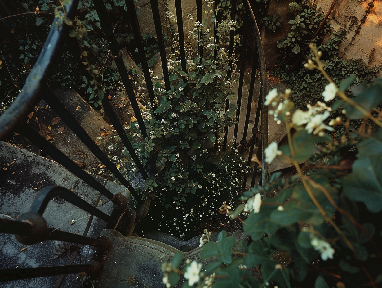 A Nostalgic Spiral Staircase Under Summer Foliage