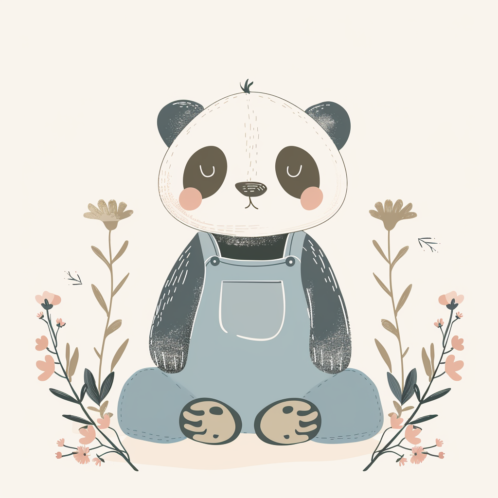 A Panda in Blue Overalls Surrounded by Flowers