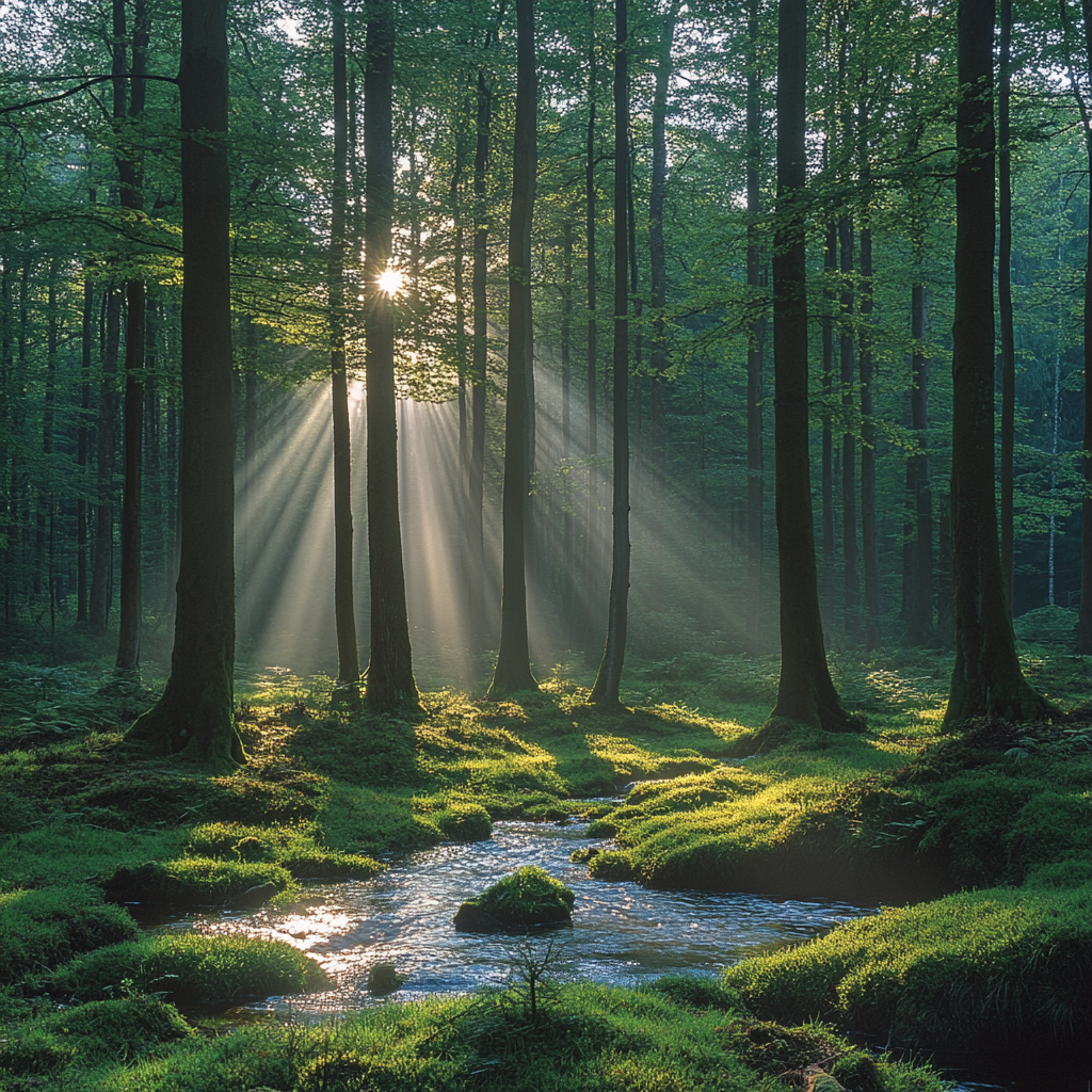 A Peaceful Forest in Morning Sunlight