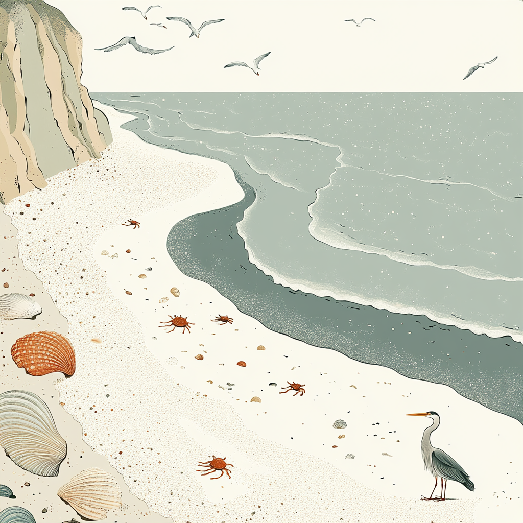 A Peaceful French Coast with Seashells and Birds