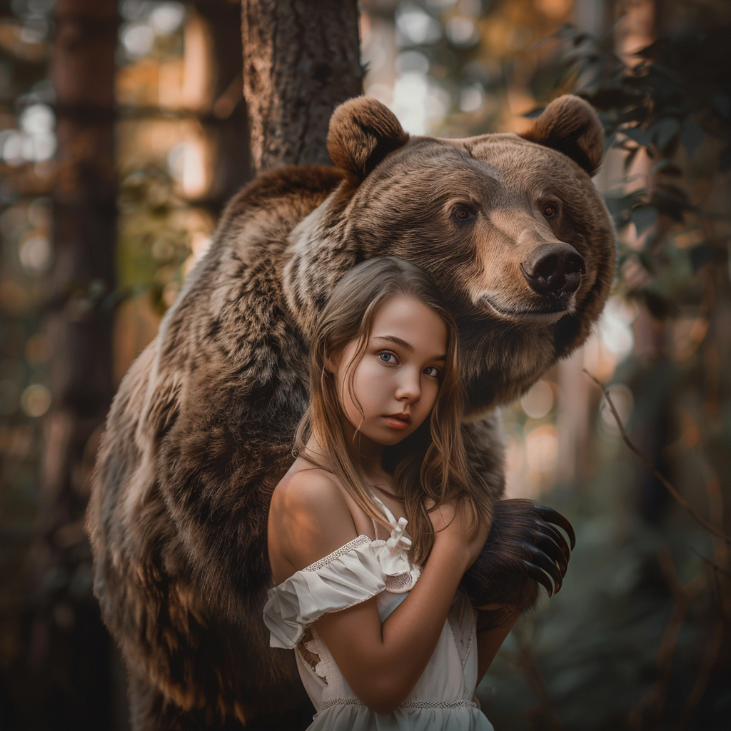 A Peaceful Girl with Gentle Bear in Forest