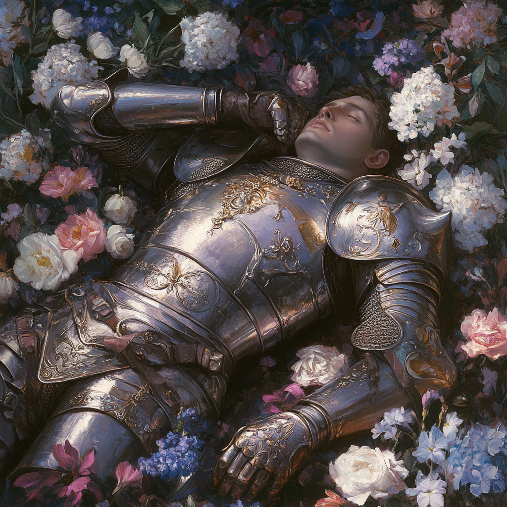 A Peaceful Knight Resting Among Colorful Flowers