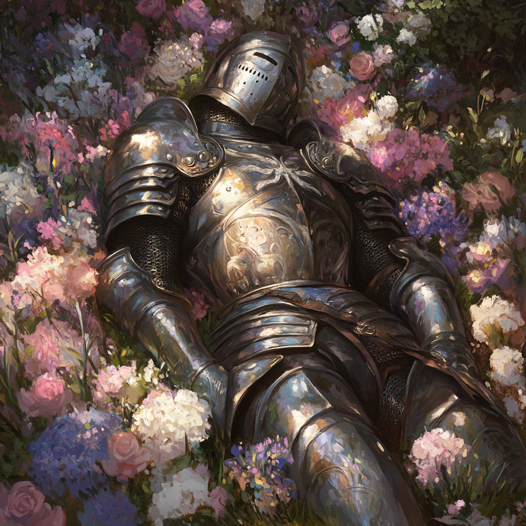 A Peaceful Knight Resting Among Pastel Flowers