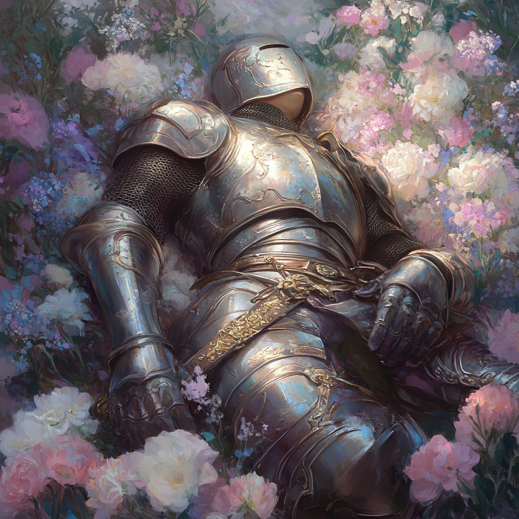 A Peaceful Knight Resting Among Vibrant Flowers