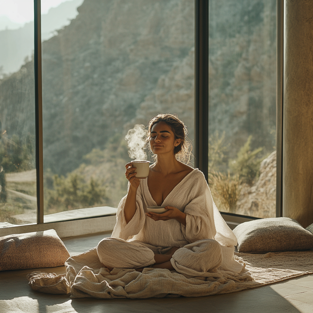 A Peaceful Morning with Woman Enjoying Tea