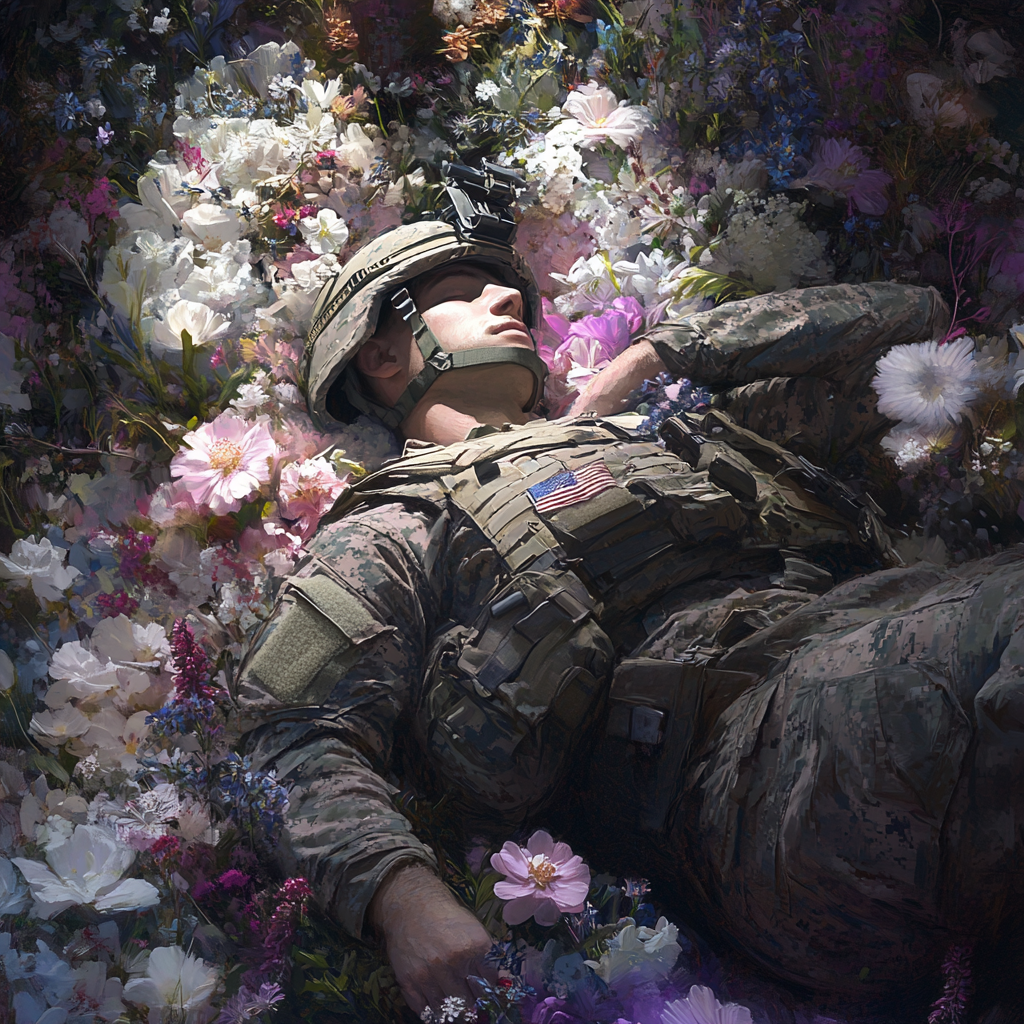 A Peaceful Soldier Resting Surrounded by Blooming Flowers