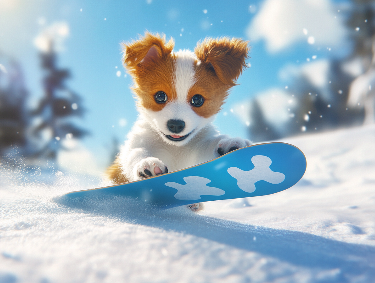 A Pekinesen puppy snowboarding on a sunny day.