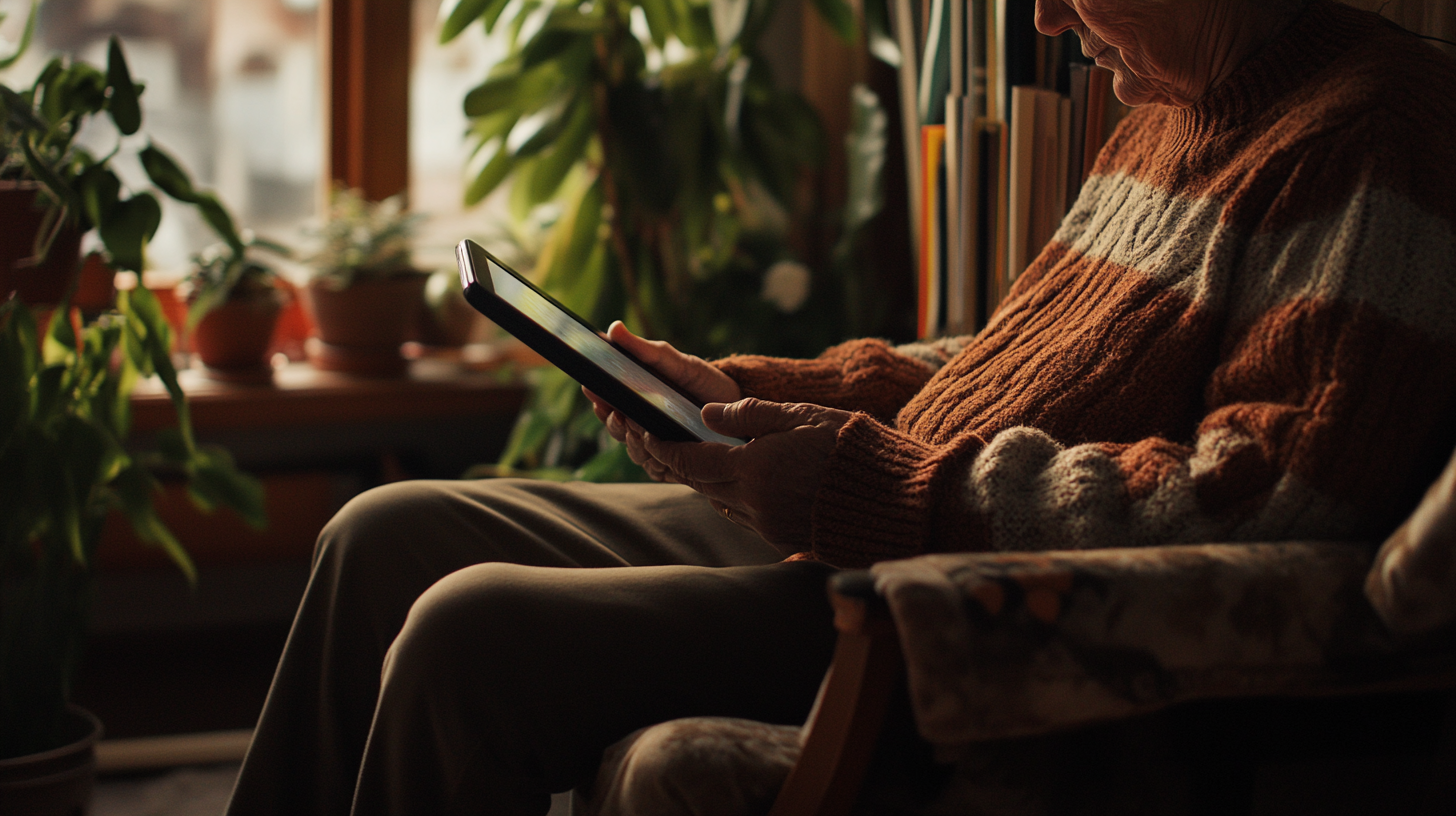 A Person Reading on Tablet in Cozy Room