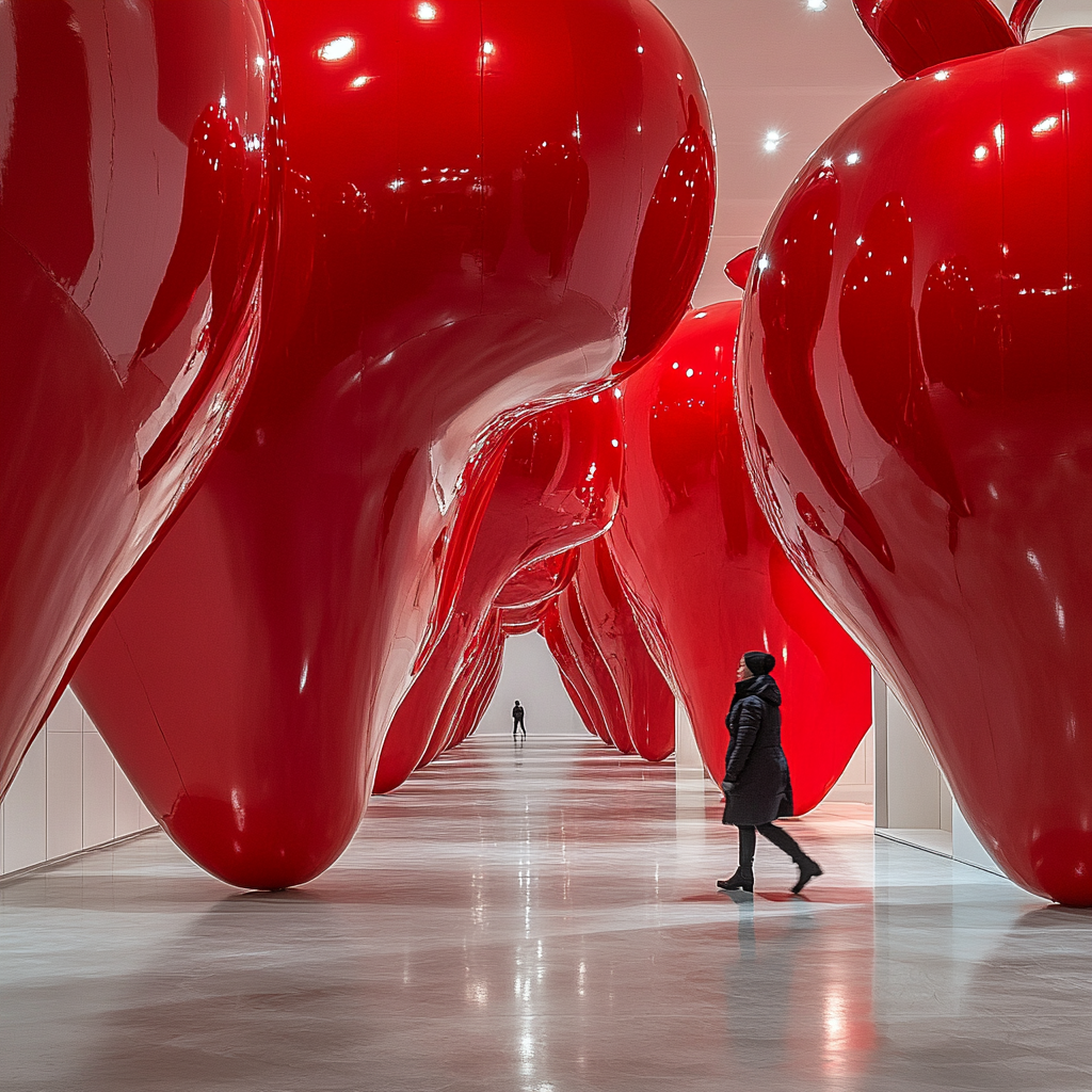 A Person Walking Through Shiny Apple Walls