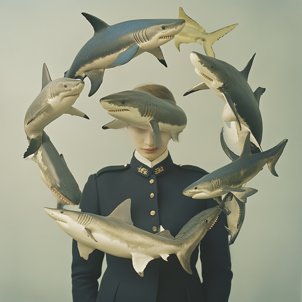 A Person in Uniform Surrounded by Toy Sharks