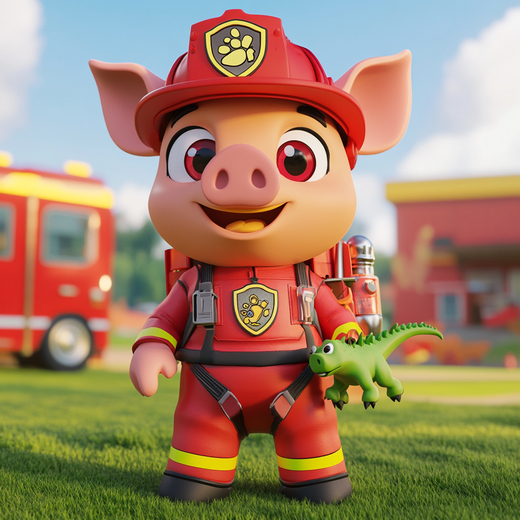 A Pig Firefighter Ready for Rescue Adventure