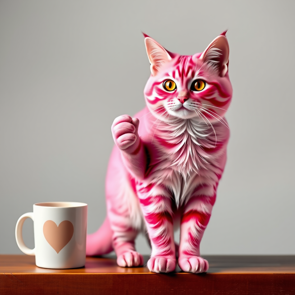 A Pink Cat Standing with Coffee Mug