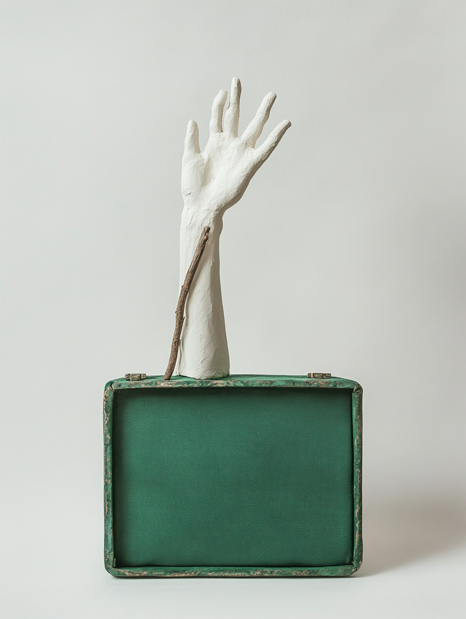 A Plaster Hand Climbing Out of Emerald Suitcase