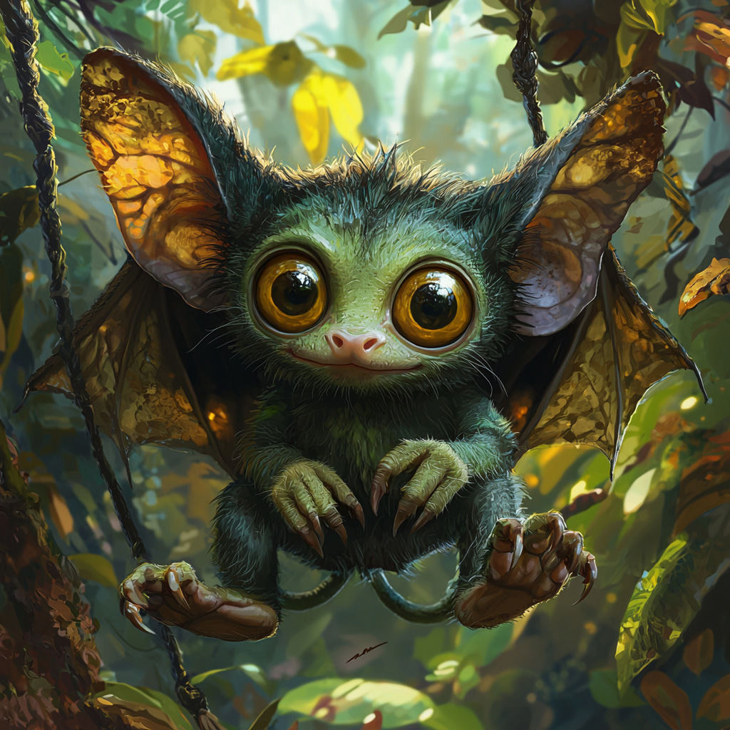 A Playful Green Creature in a Vibrant Forest