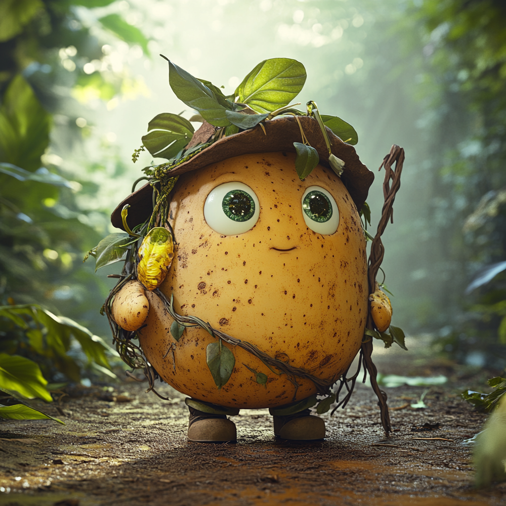 A Playful Potato Adventurer Explores Lush Jungle