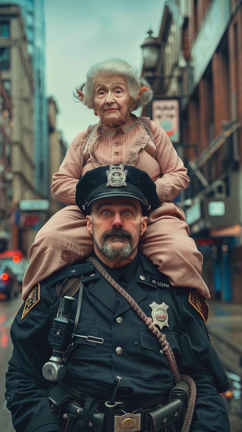 A Policeman Carrying Grandma Through Streets, Smiling.