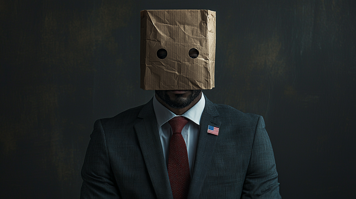 A Politician Wearing a Fancy Suit With a Paper Bag Mask