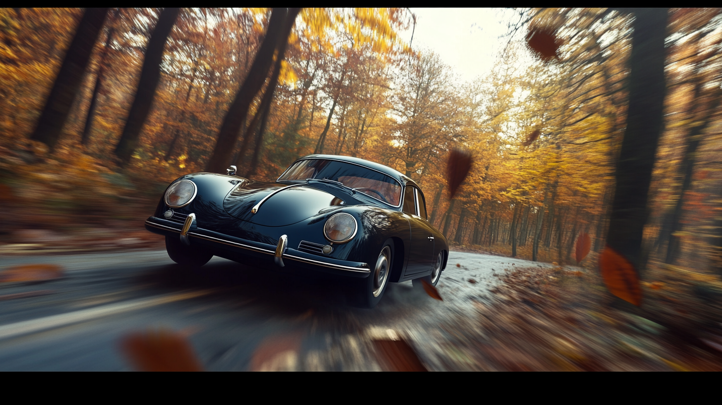 A Porsche 356 Speeding Through a Spring Forest