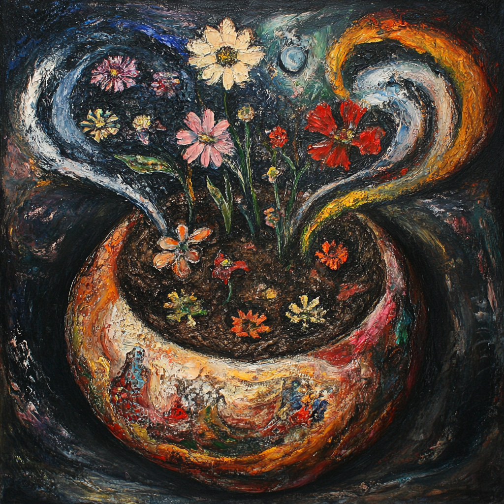 A Pot of Flowers in Chagall Style