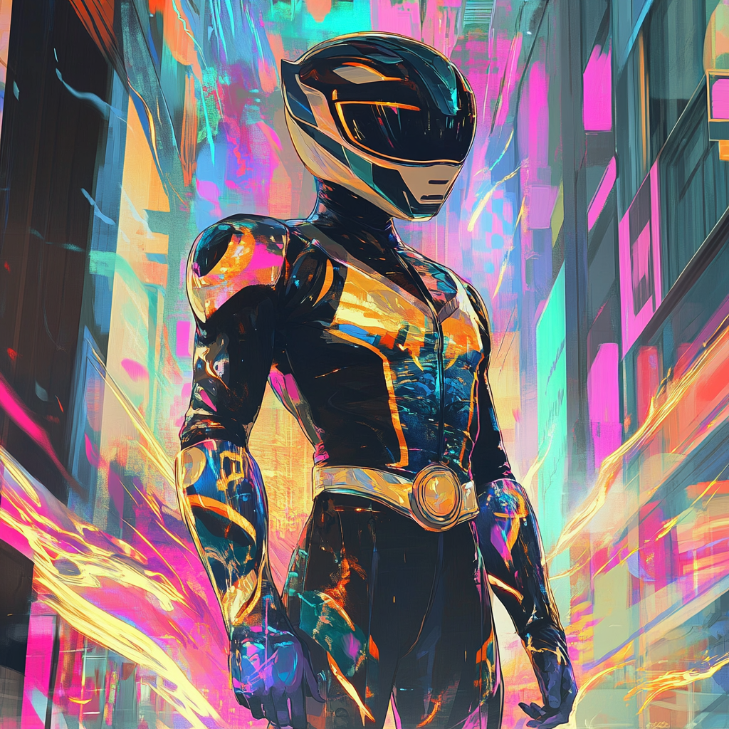 A Power Ranger in a vibrant anime world.