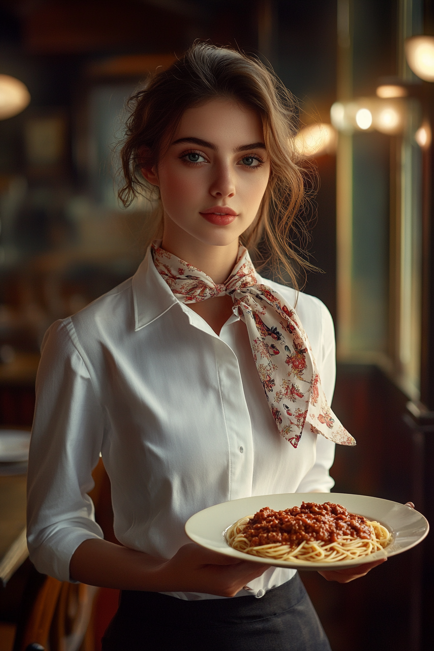 A Pretty Italian Waitress in Restaurant Holding Spaghetti.