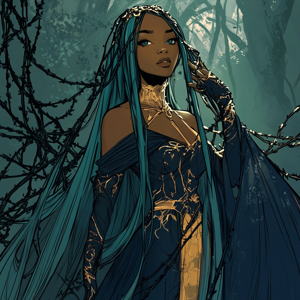 A Princess Entangled in Thorny Vines in Forest