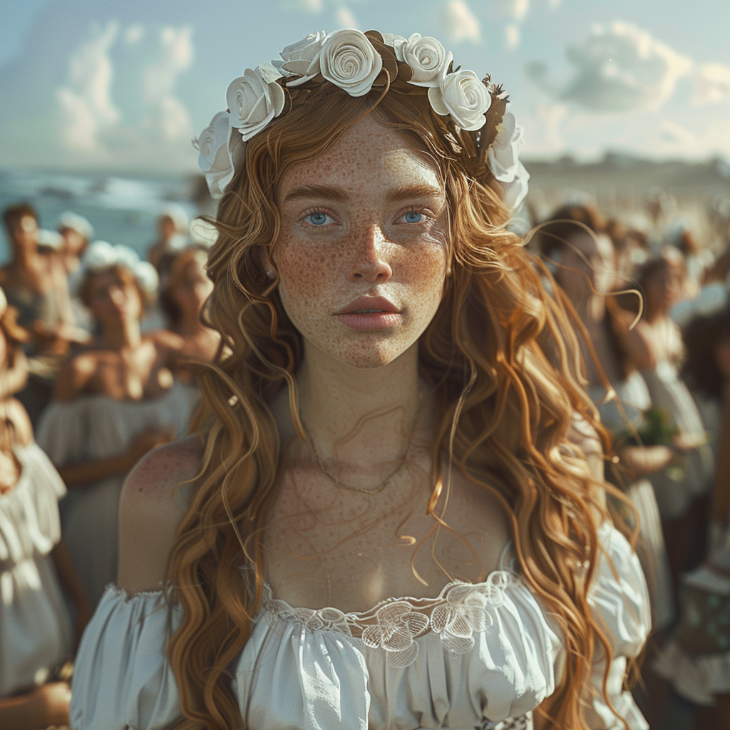 A Princess in White Dress with Crowd on Beach