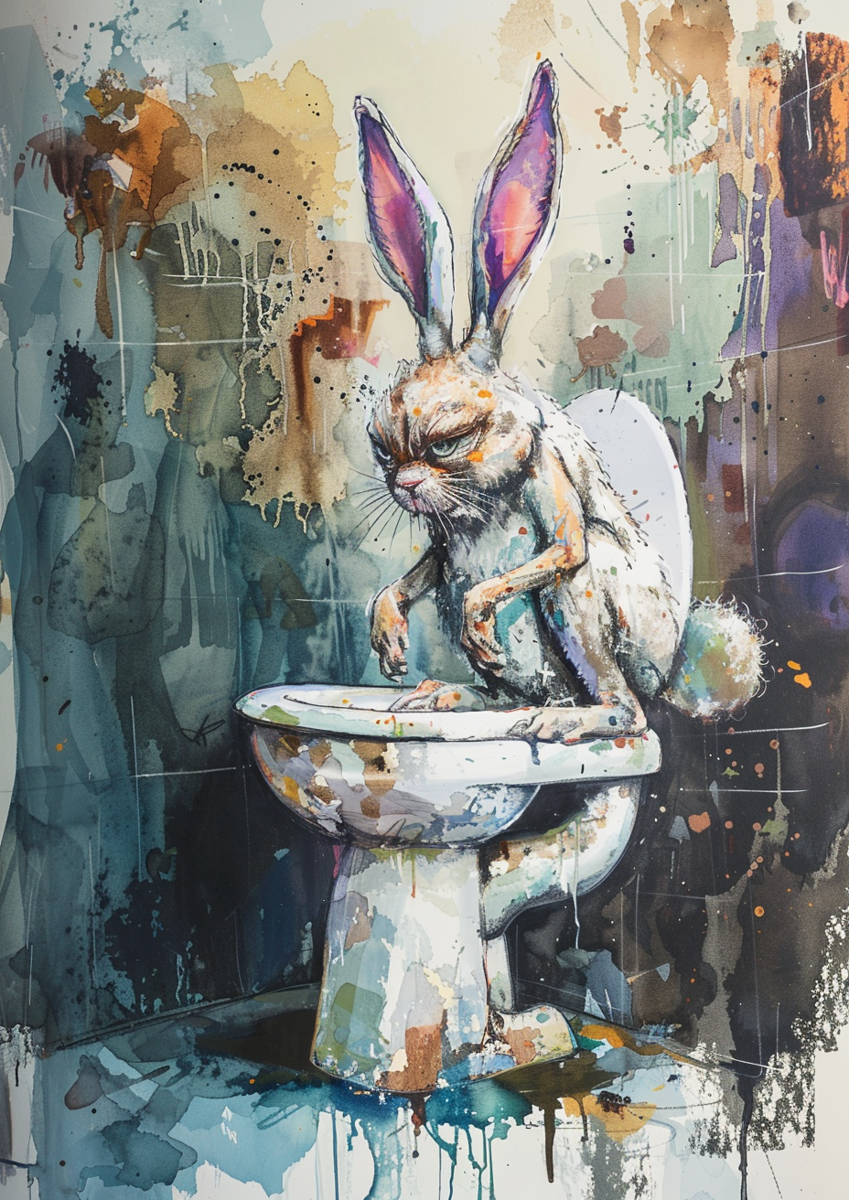 A Rabbit Rushing on Toilet - Cartoonish Illustration