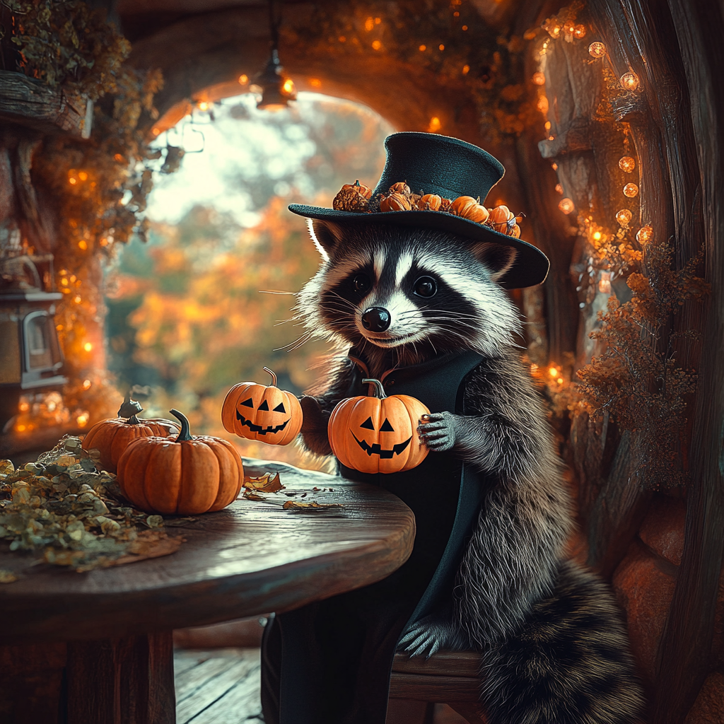 A Raccoon's Fantastical Halloween in a Hobbit House