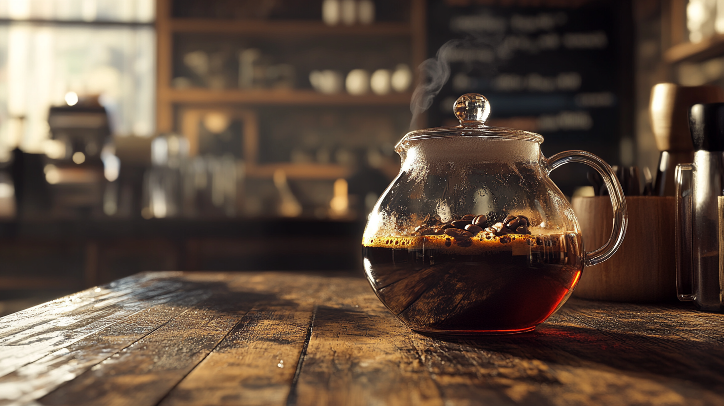 A Realistic Glass Coffee Pot in Rustic Café