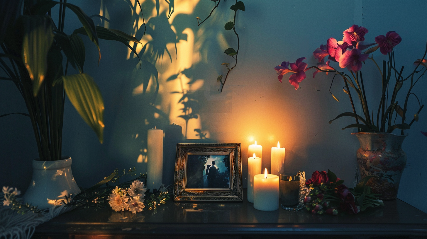 A Realistic Home Altar with Flowers and Candles.