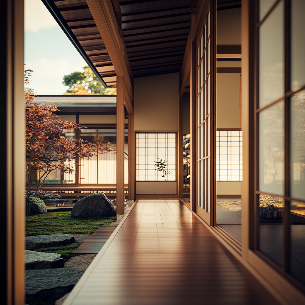 A Realistic Japanese Porch on Autumn Day.