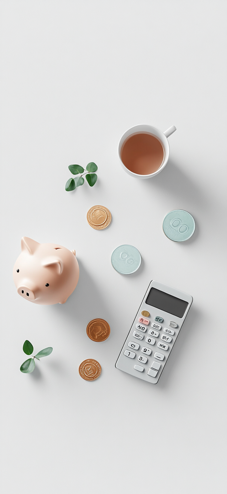 A Realistic Minimalistic Piggy Bank and Calculator Flat Lay