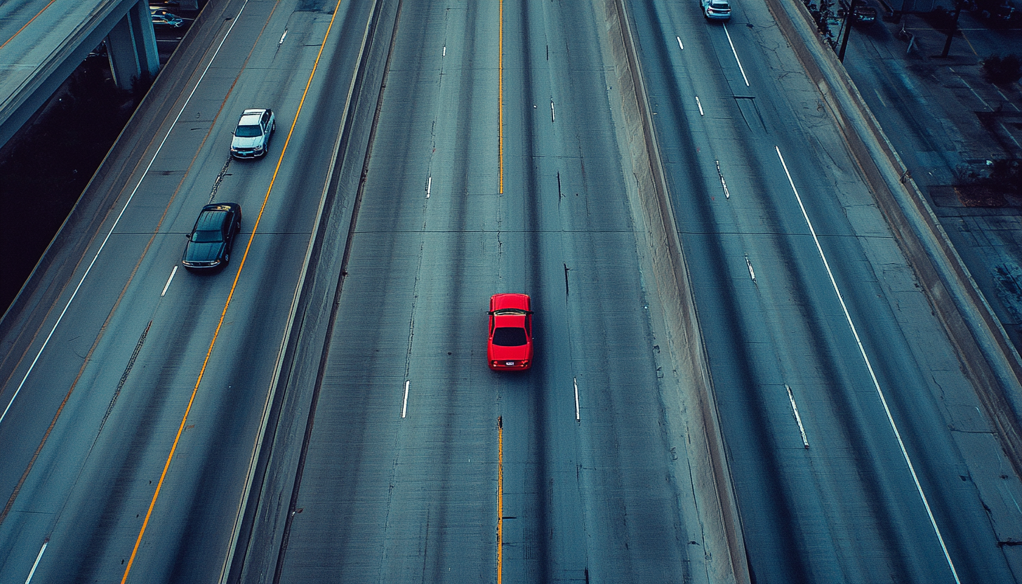 A Red Car Driving on Empty Lane