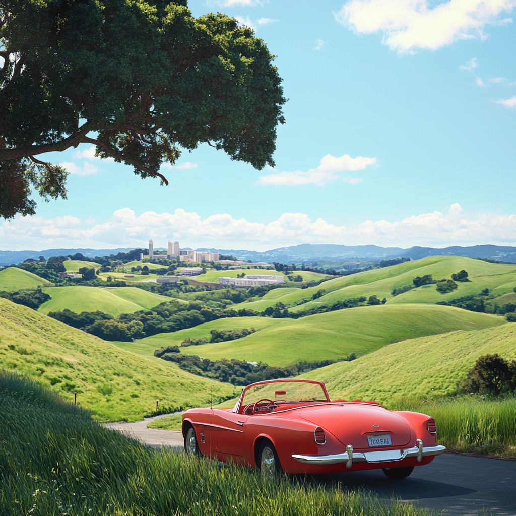 A Red Convertible Driving Through Silicon Valley Hills.